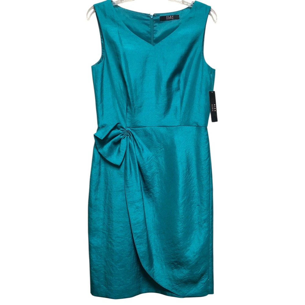 Alex Marie Lisa Dress Seaway Teal Blue Faux Silk Side Bow Sheath Cocktail NWT 8